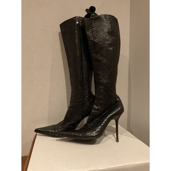 Gianmarco Lorenzi - Black Python Leather Knee High Stiletto Boots - 6.5/37 - Picture 7 of 9